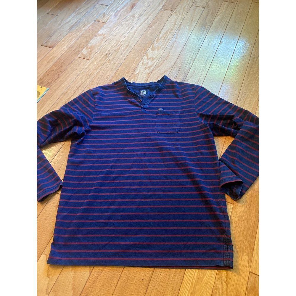 DNMX Men''s blue striped 1/4 button down cotton blend short sleeve shirt sz lrg